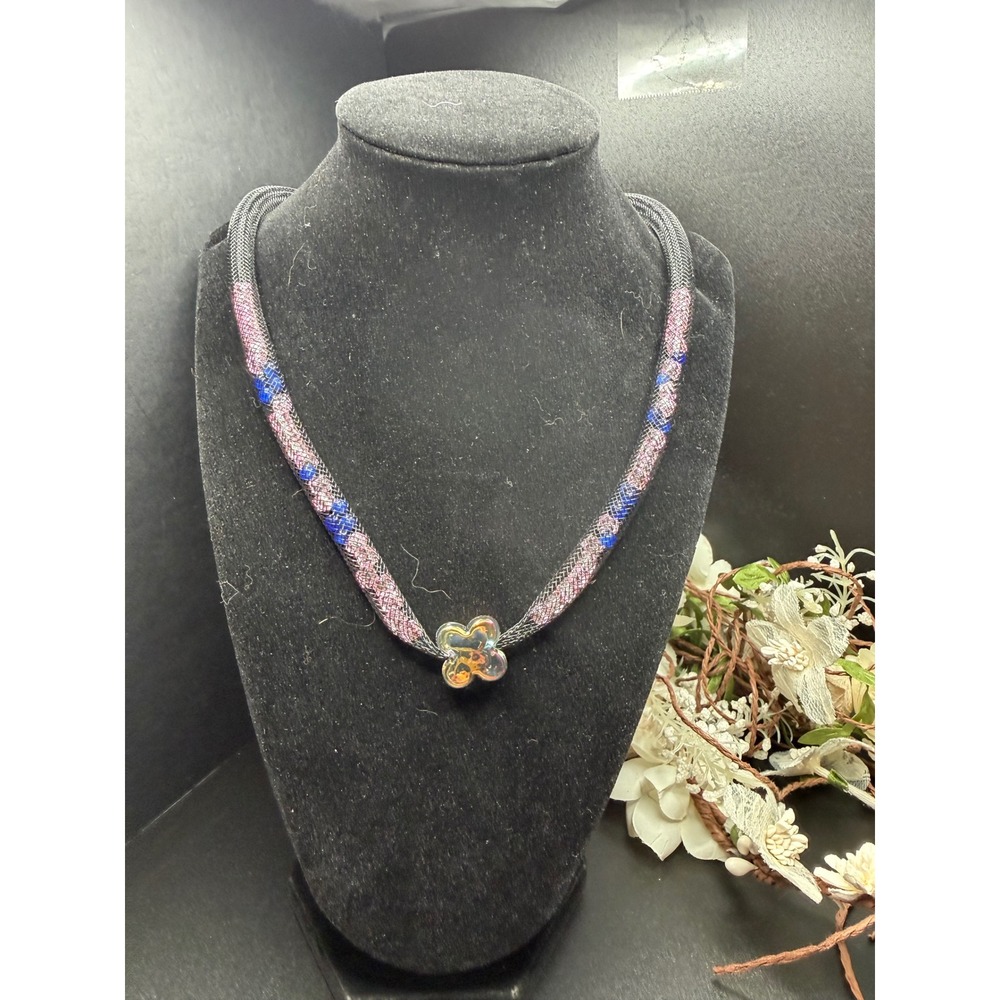Handcrafted‎ Artisan Black Mesh Necklace Lampwork Glass Flower Pendant Handmade